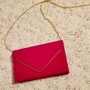 Party Purse Fushia Pink Gold Shoulder Strap Suede-Like Clutch NEW WITHOUT TAGS